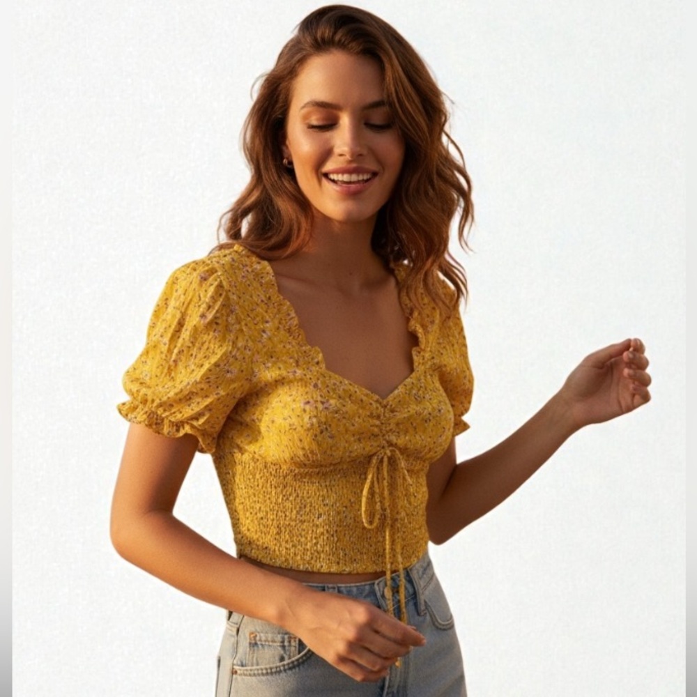 Sim & Sam Vibrant Yellow Floral Crop Top Small